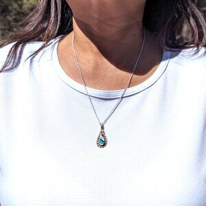 Native American Inlay Pendant Teardrop Sterling Silver Zuni Necklace Jewelry**